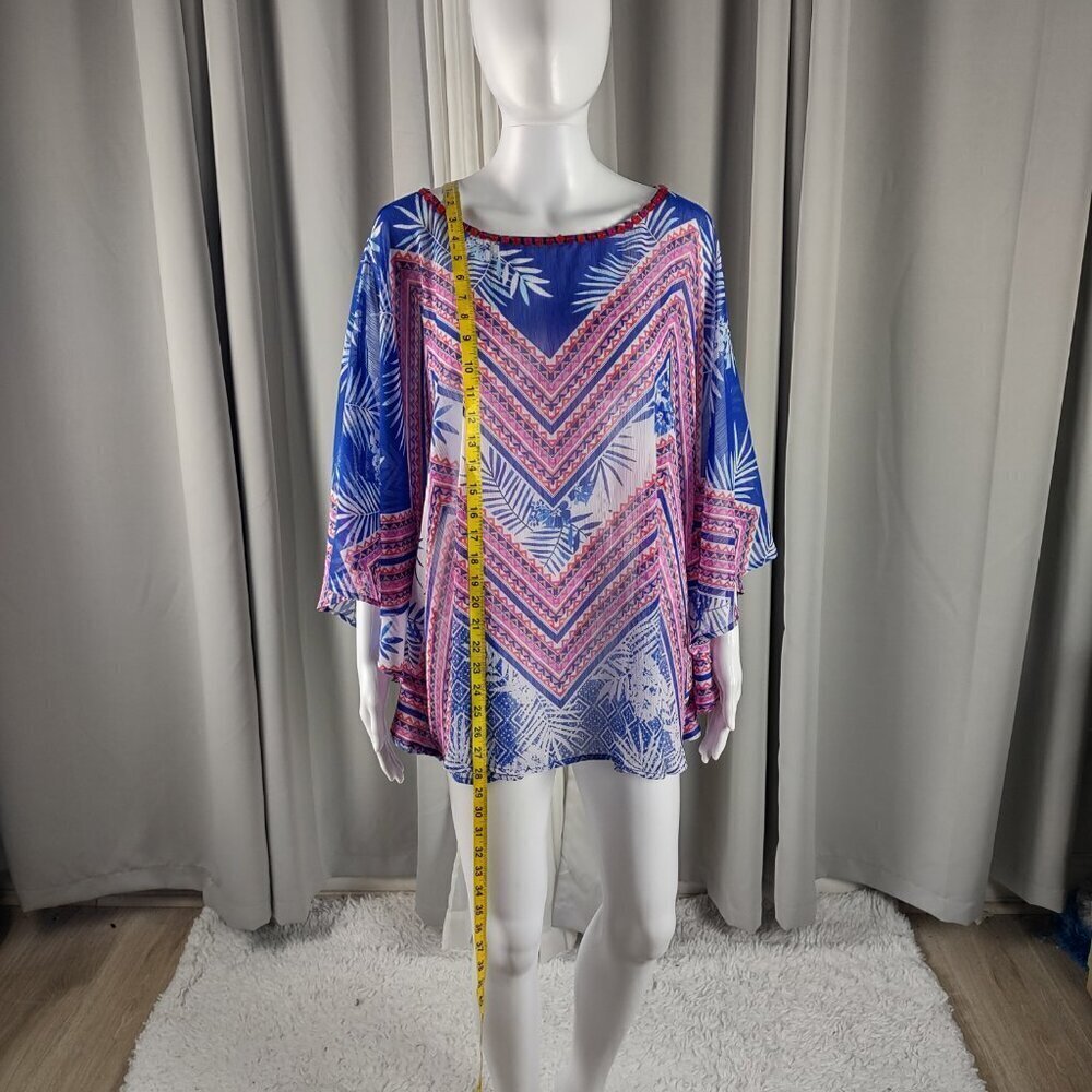 Ruby Rd Women's Blue, Pink, Tropical Chevon Chiffon Poncho Blouse, Top Size 2X - Picture 6 of 10